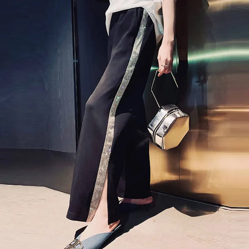 2020 Korean Casual Wide Leg Pants Split Capris Bright Drill Side Stripe Harajuku Trousers For Women High Waist Pants Women 269 2020 Korean Casual Wide Leg Pants Split Capris Bright Drill Side Stripe Harajuku Trousers For Women High Waist Pants Women 269