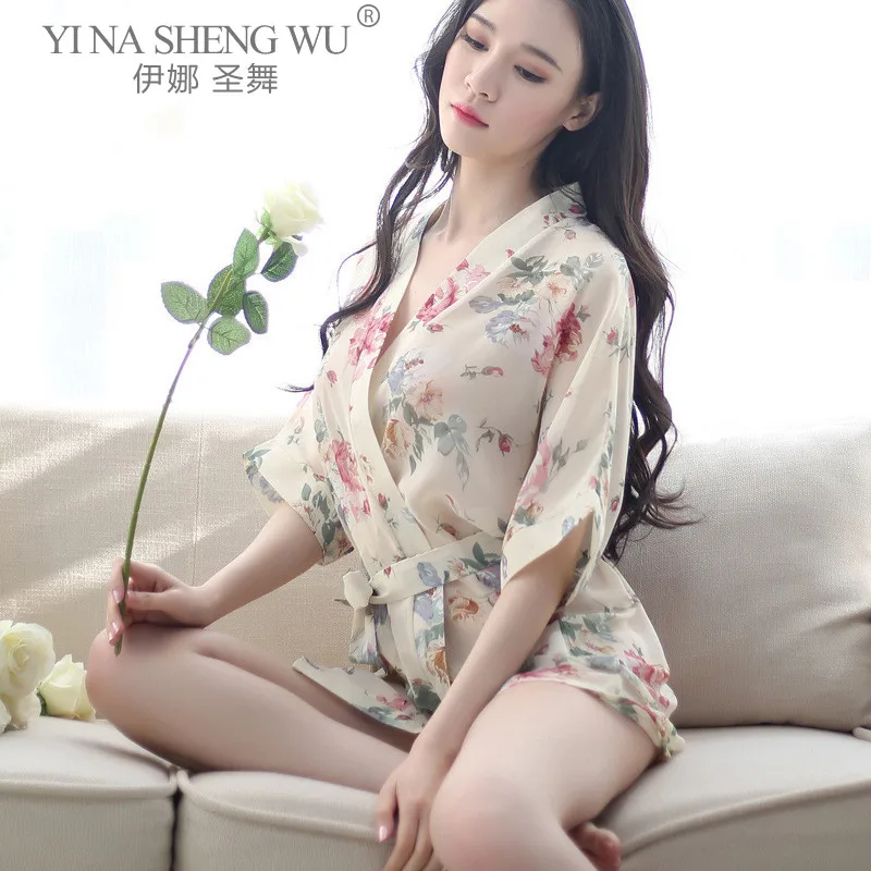 

Kimono Cardigan Pajama Women Yukata Japanese Style Sexy Costume Floral Print Chiffon Dress with Collar Nightgown Erotic Clothing