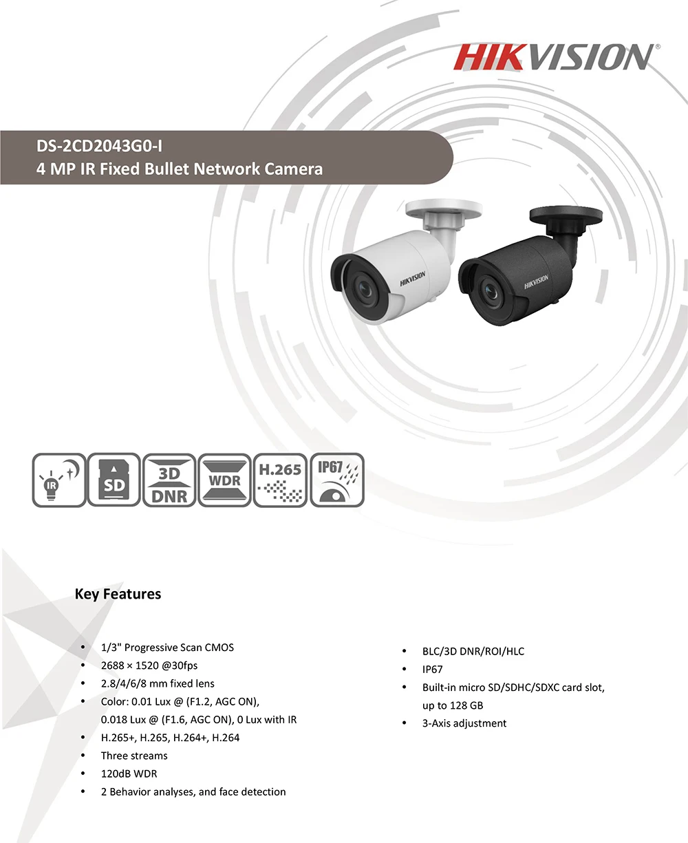 hikvision английский DS-2CD2043G0-I заменить DS-2CD2042WD-I 4MP Сеть IP пуля ИК; poe-питание камера; sd-карта слот H265 264