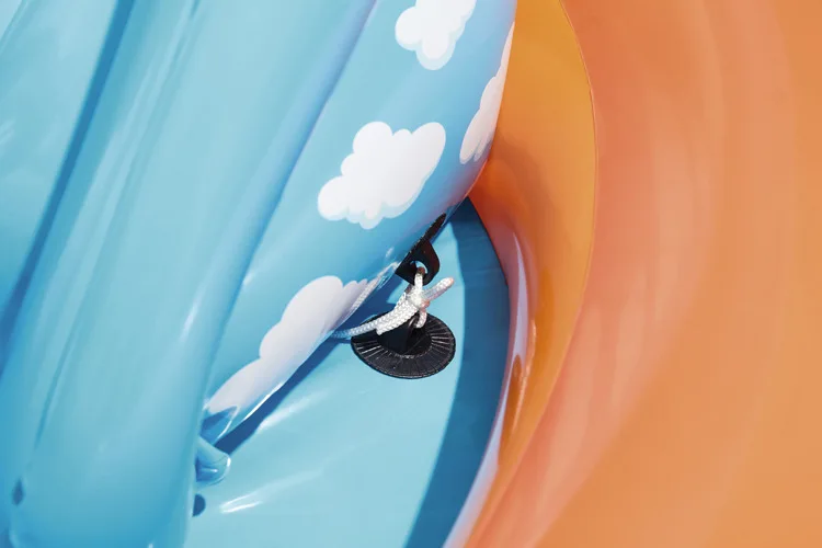 Inflatable Play Center Pool Seaside Water Play Center with Water Slide Coconut Palm Sprinkler Ball Toss Game Ring Toss Game