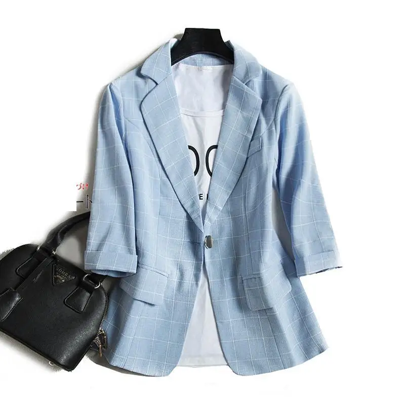 2020 Spring Fashion Women Autumn Coat Seven Sleeve Plaid Suit Jacket Notched Pink Blue Blazer Feminino Plus Size Designer Coats