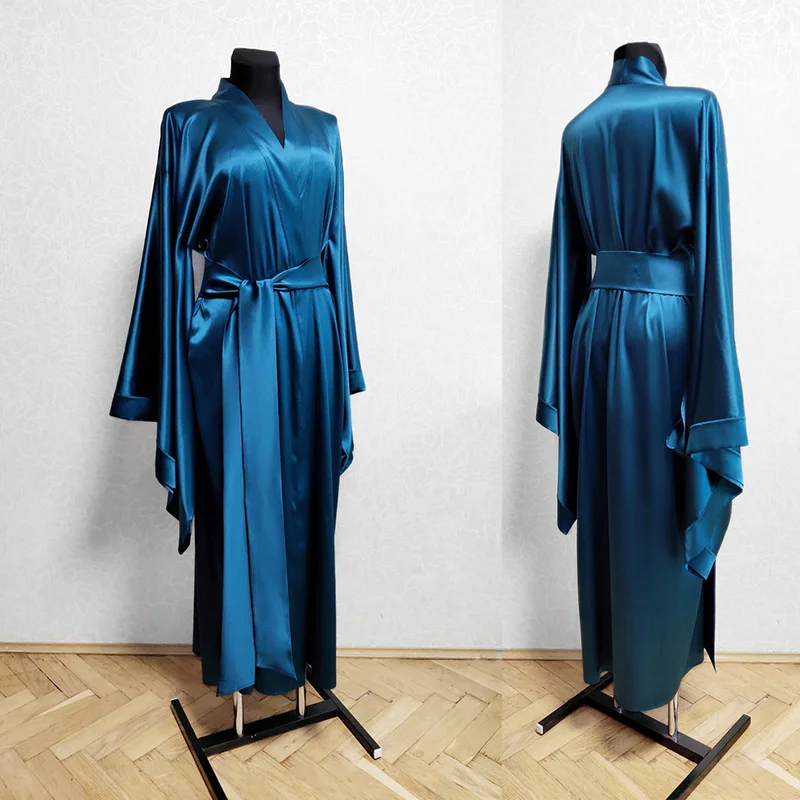 Blue Long Silk Robe Kimono Dressing Gown with Belt Wedding Bathrobes Women Boudoir Sleepwear Nightgowns