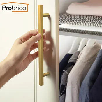 

Probrico gold brass cabinet handles Long Square Furniture Pulls Modern Kitchen Cupboard Wardrobe Chest Drawer Knobs Handles