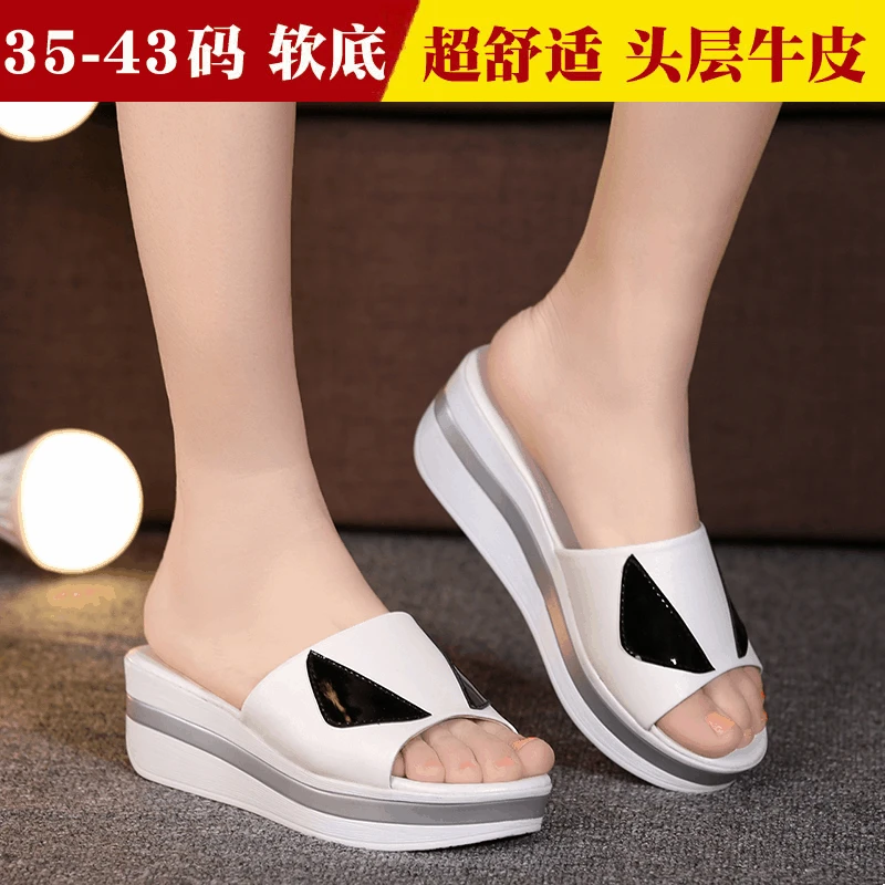 

Summer Thick Bottomed Anti-slip Sandals Women's Semi-high Heeled Genuine Leather Slippers Platform WOMEN'S Wedge Shoes Sandals K