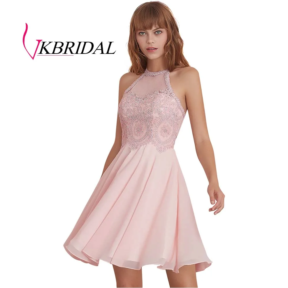 VKBRIDAL сексуальные короткие платья на выпускной модные шифоновые аппликации из бисера розовые платья для выпускного вечера - Цвет: light pink