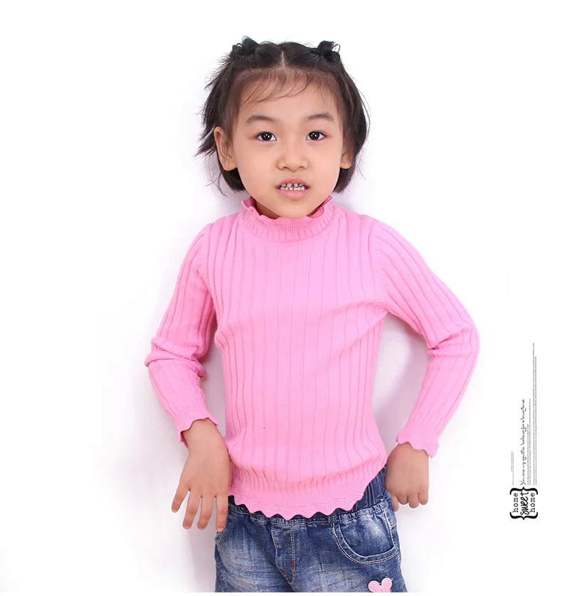 CHILDREN'S Sweater Girls Knit Low Waist Jersey Solid Color High Collar Warm Base Shirt Versatile Not Balling up