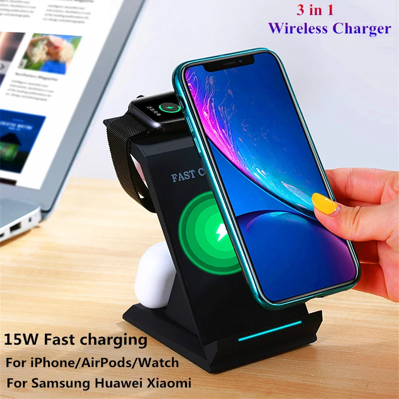 3 in1 Wireless Charger 15W Charging Fast For iPhone 11Pro Apple Watch Series5 4 Airpods 2/Pro For Samsung Huawei With EU Charger