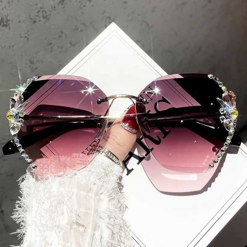 big square sunglasses 2022 Luxury Brand Design Vintage Rimless Rhinestone Sunglasses Women Men Fashion Gradient Lens Sun Glasses Shades for Female big black sunglasses Sunglasses