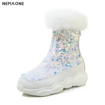 

NEMAONE Women flat platform shoes woman ankle snow Boots shiny bling Women wedding party Boots woman large Size 34-43