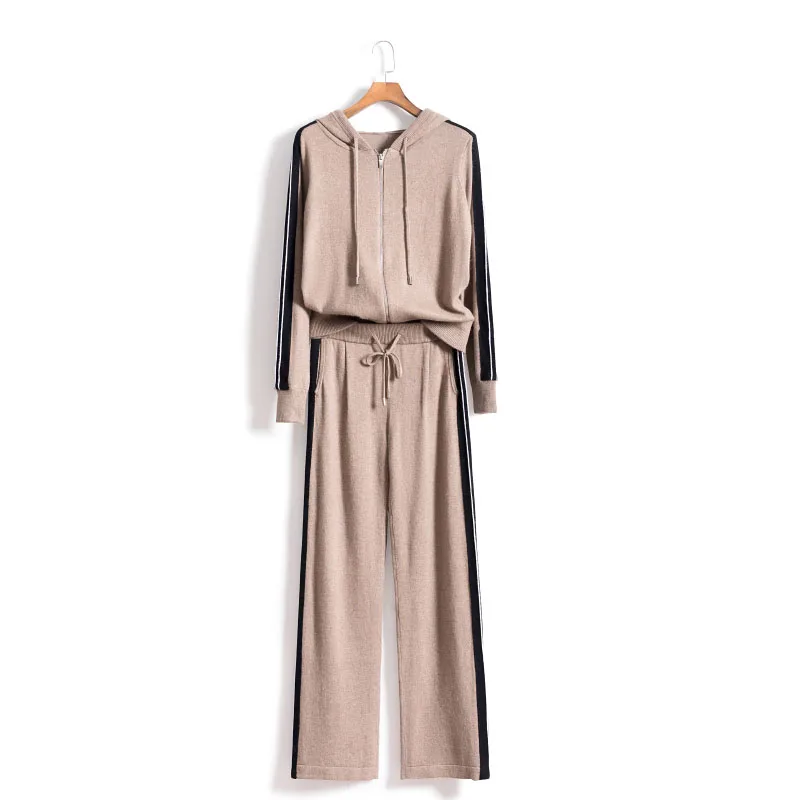 

2019 Limited Sale Full Drawstring Women's Cashmere Knit 2 Piece Suit Fashion Hooded Sweater And Trousers Warm Two-piece Women