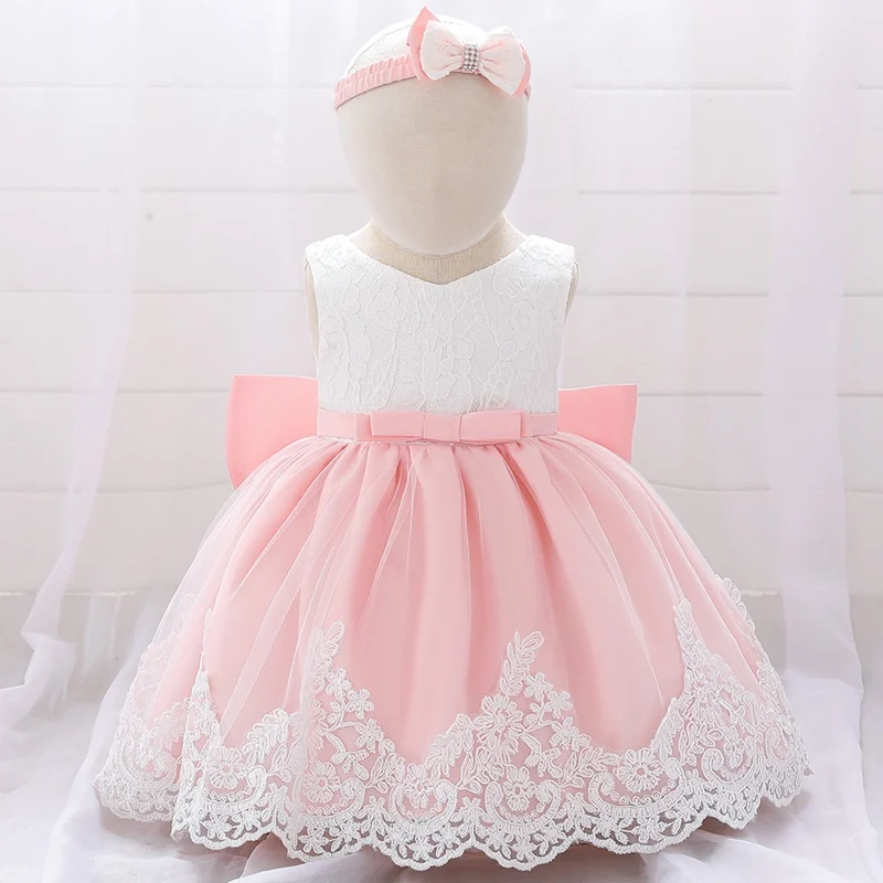 Детское платье принцессы для маленьких детей; кружевное бальное платье с большим бантом для девочек на день рождения и свадьбу+ повязка на голову; SPE300 - Цвет: Pink