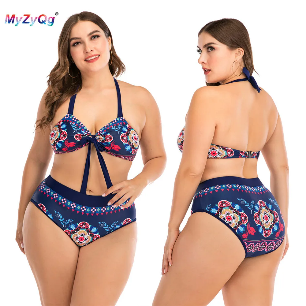 Купальный костюм с принтом из двух частей размера плюс, женская одежда для плавания с высокой талией, купальный костюм, бикини, танкини, Бразильский купальный костюм