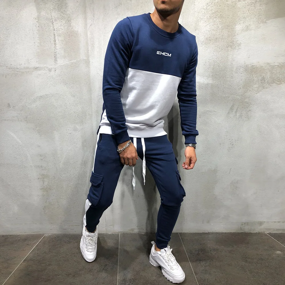 Tracksuit Men 2 Pieces Sets Autumn Fashion Sweatshirt +Drawstring Pants Male Multiple Pockets Patchwork Men Clothes Cotton Sets