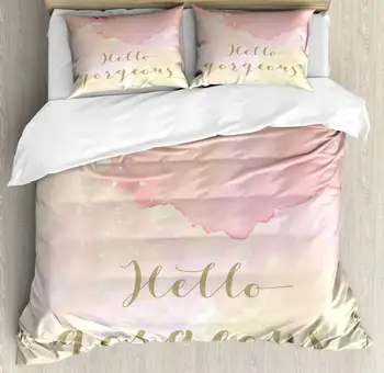 

Hello Gorgeous Duvet Cover Set Splashed Drop Watercolor Style Pink Shades Background Inspirational Words Decorative 3 Piece