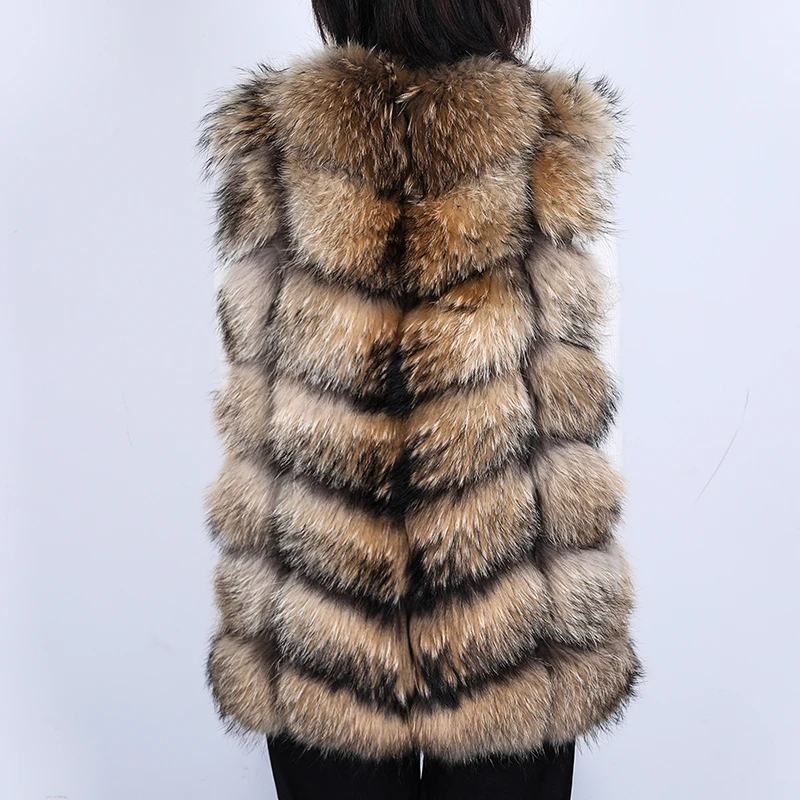 Maomaokong Natural Raccoon Real Fur Coat Ladies Waistcoat Fur Mid-length Winter Warm Real Fur Coat Luxury Women coat Top Vest