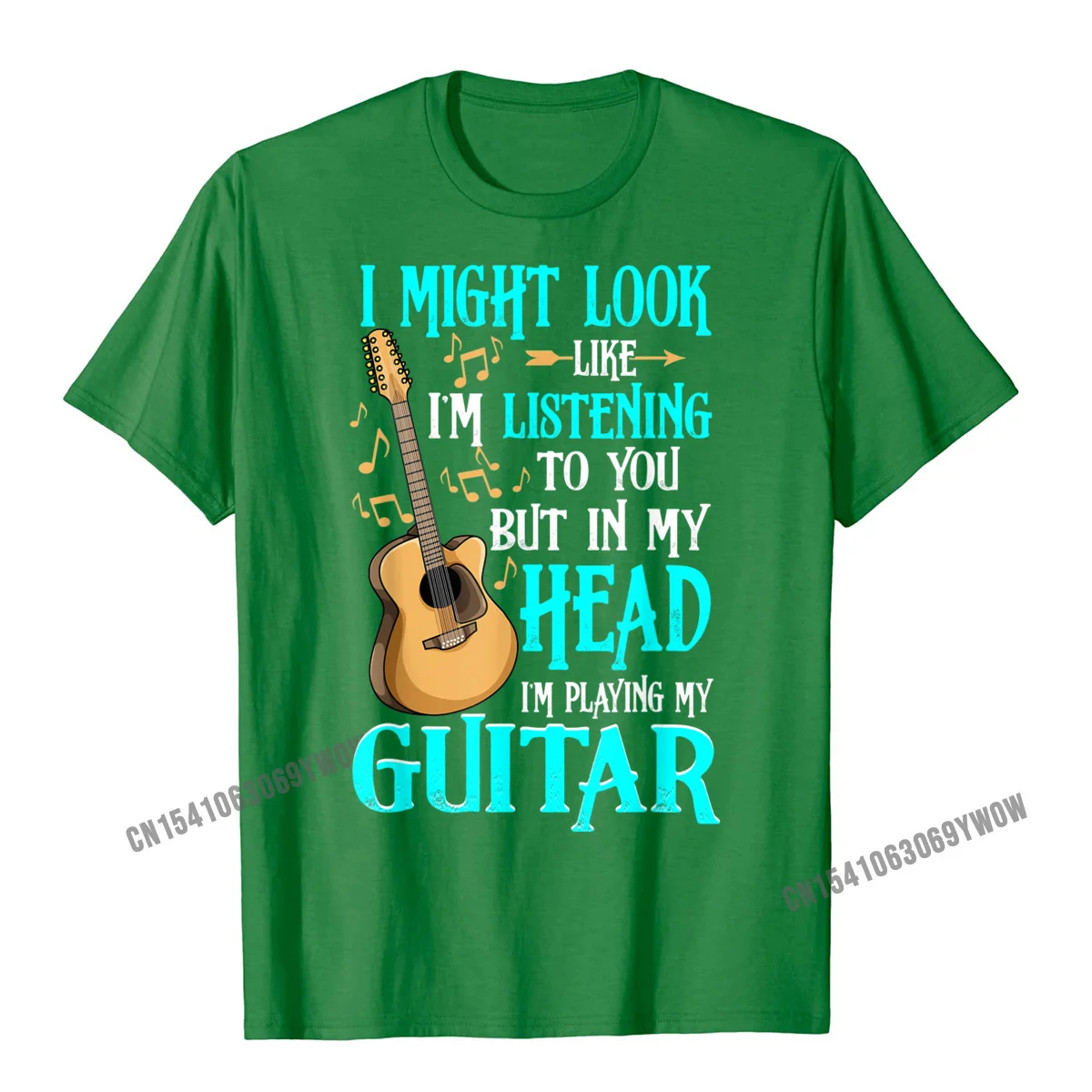 Casual Normal T-Shirt for Male 100% Cotton Fall Tops Shirt Hip hop Tee Shirt Short Sleeve Graphic Round Collar Guitar Shirt Funny I Might Look Like Im Listening To You T-Shirt__822 green