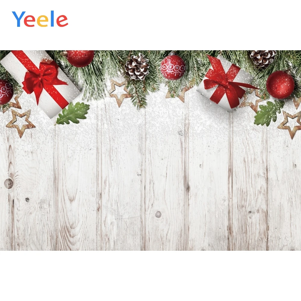 

Christmas Backdrop White Wood Board Pine Tree Branches Ball Winter Background Photography Backdrops Vinyl Photophone Photozone