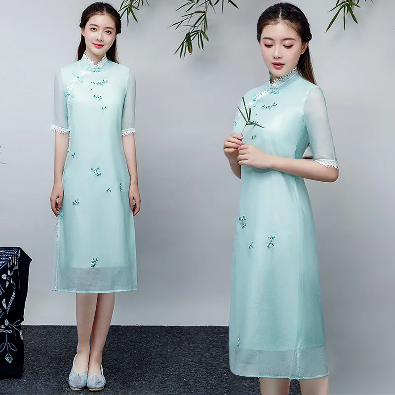 

2019 New Style Summer Wear Retro Chinese-style Embroided Dress Women's Mid-length Zen Literature And Art Tea Service