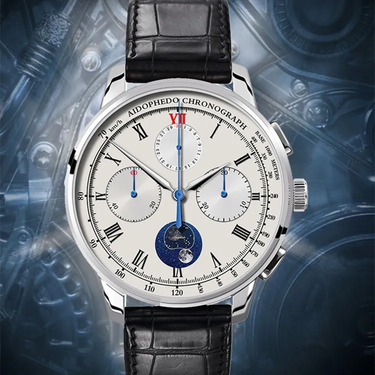 Роскошные часы Pilot st1908 с хронографом мужские часы с календарем из настоящей крокодиловой кожи механические наручные часы Aidophedo - Цвет: 6666