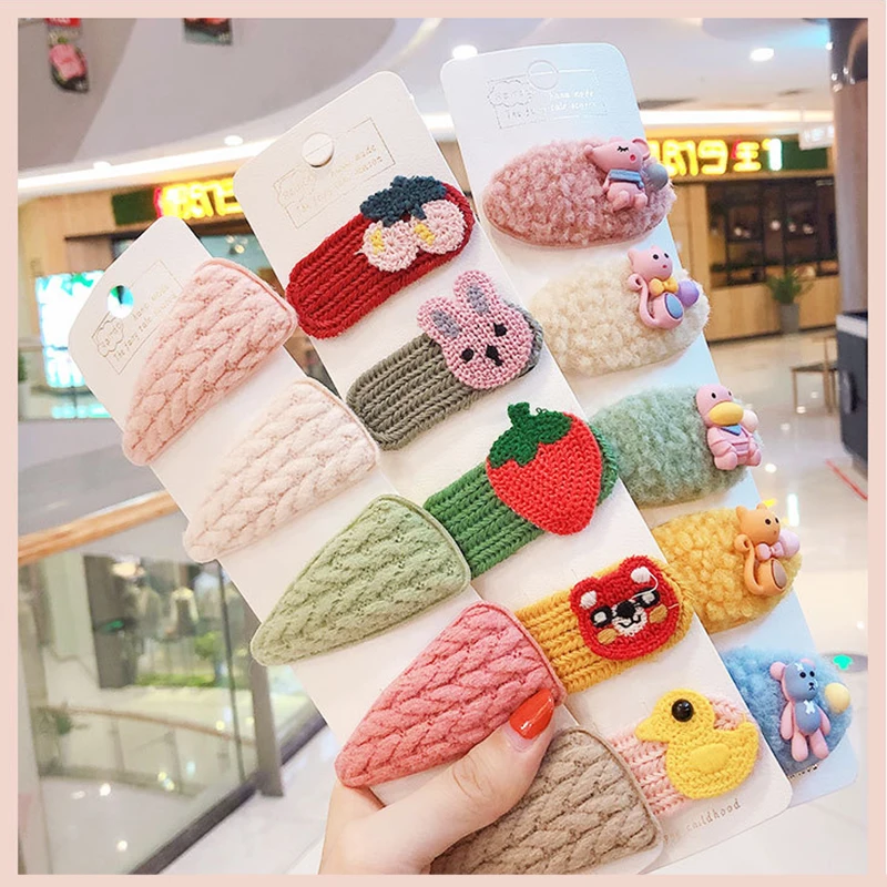 5 Pcs/Lot Cartoon Hair Clips For Girls Crochet Felt Kids Hairpins And Clips Geometric Leopard Print Hair Clips Girls Plush Cute