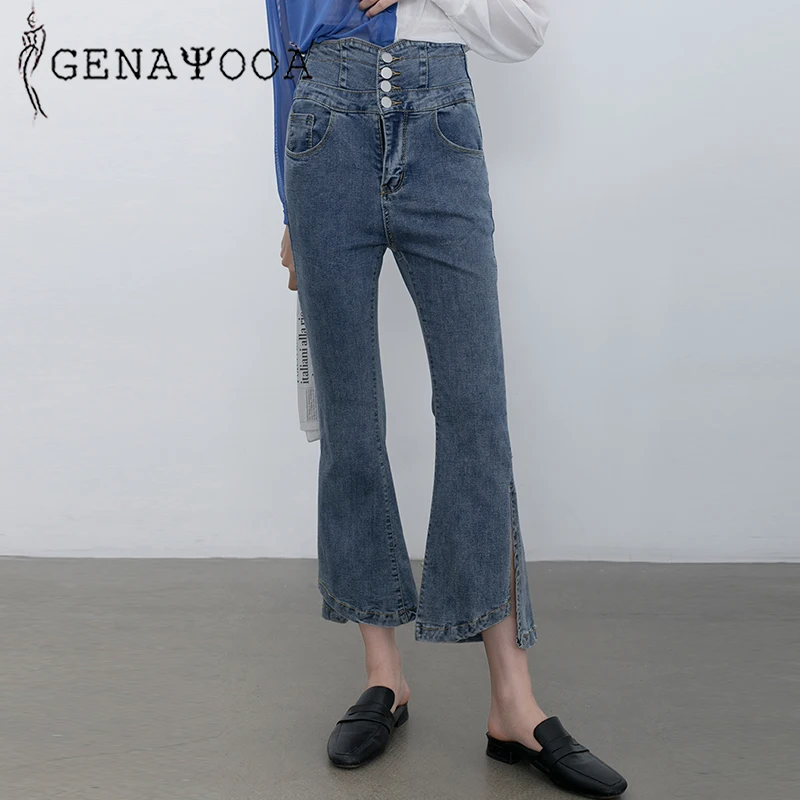 

Genayooa Korean Style Women High Waist Jeans Streewear Demin Flare Jeans Irregual Waist Vintage Skinny Trouser Split 2019