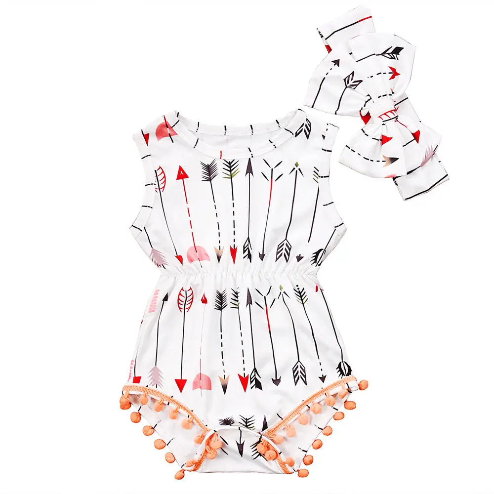 

2020 New Summer 0-24M Infant Baby Girl 2Pcs Set Arrows Print Sleeveless Bodysuit+Bow Headband Toddler Outfit Jumpsuit Clothes
