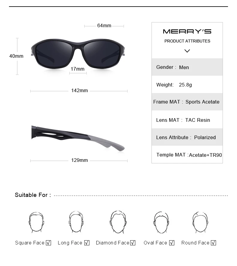 Мужские поляризационные очки MERRY'S, солнцезащитные очки для занятий спортом, рыбалки и вождения, степень защиты UV400, S9024