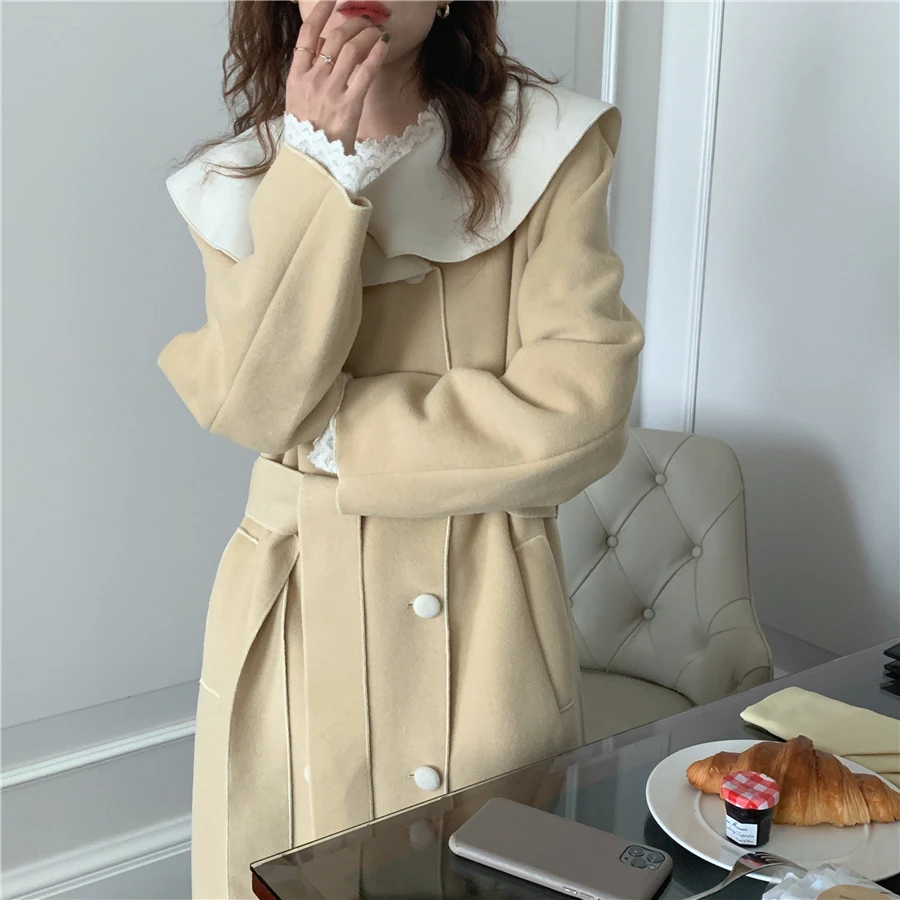 women's puffer jacket Long Coat Fashion Korean Style Windbreaker Warm Double-sided Woolen Coat Ruffled Large Lapel Lace-up Women Overcoat lightweight puffer jacket