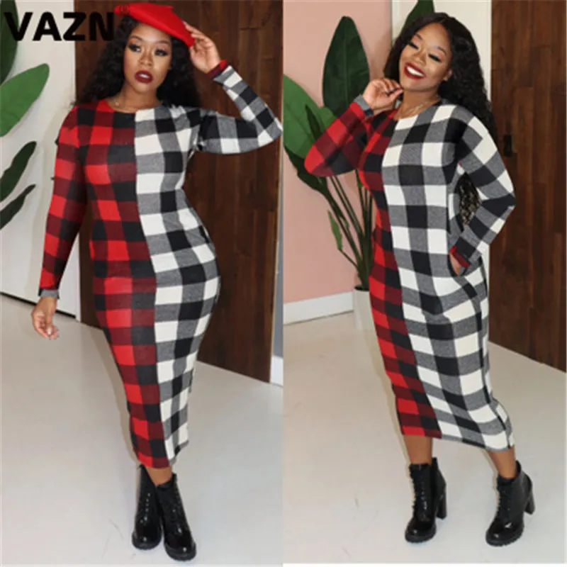 Женское платье с длинным рукавом и круглым вырезом в клетку | Женская одежда