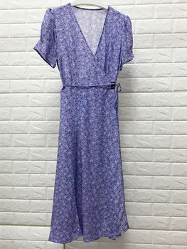

Silk 2020 New Women Wrap Midi Dress Purple Short Sleeve Lady Split Chic Holiday Beach Female Dress With Sashes