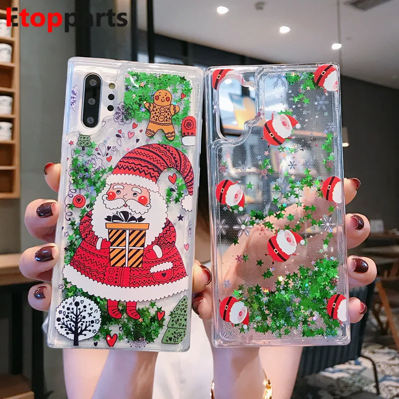 Santa Claus Elk Case For Samsung S10 Plus Hard Christmas Tree Quicksand Liquid Giltter Phone S8 S9 | Мобильные телефоны и