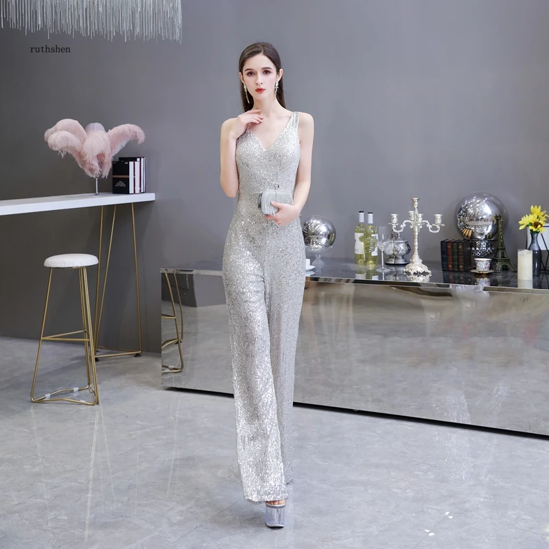 Sequin Bodycon Outfit Silver Pants Latin Dance Host Jumpsuit Women Formal Party Evening Wear 