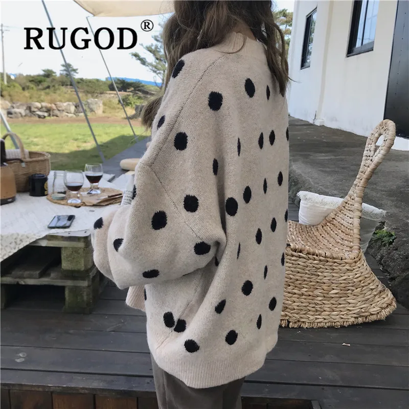 RUGOD, Модный милый женский свитер с круглым вырезом, в горошек, большие размеры, пуловеры, корейский стиль, элегантный повседневный трикотаж, Новые Осенние Теплые Топы