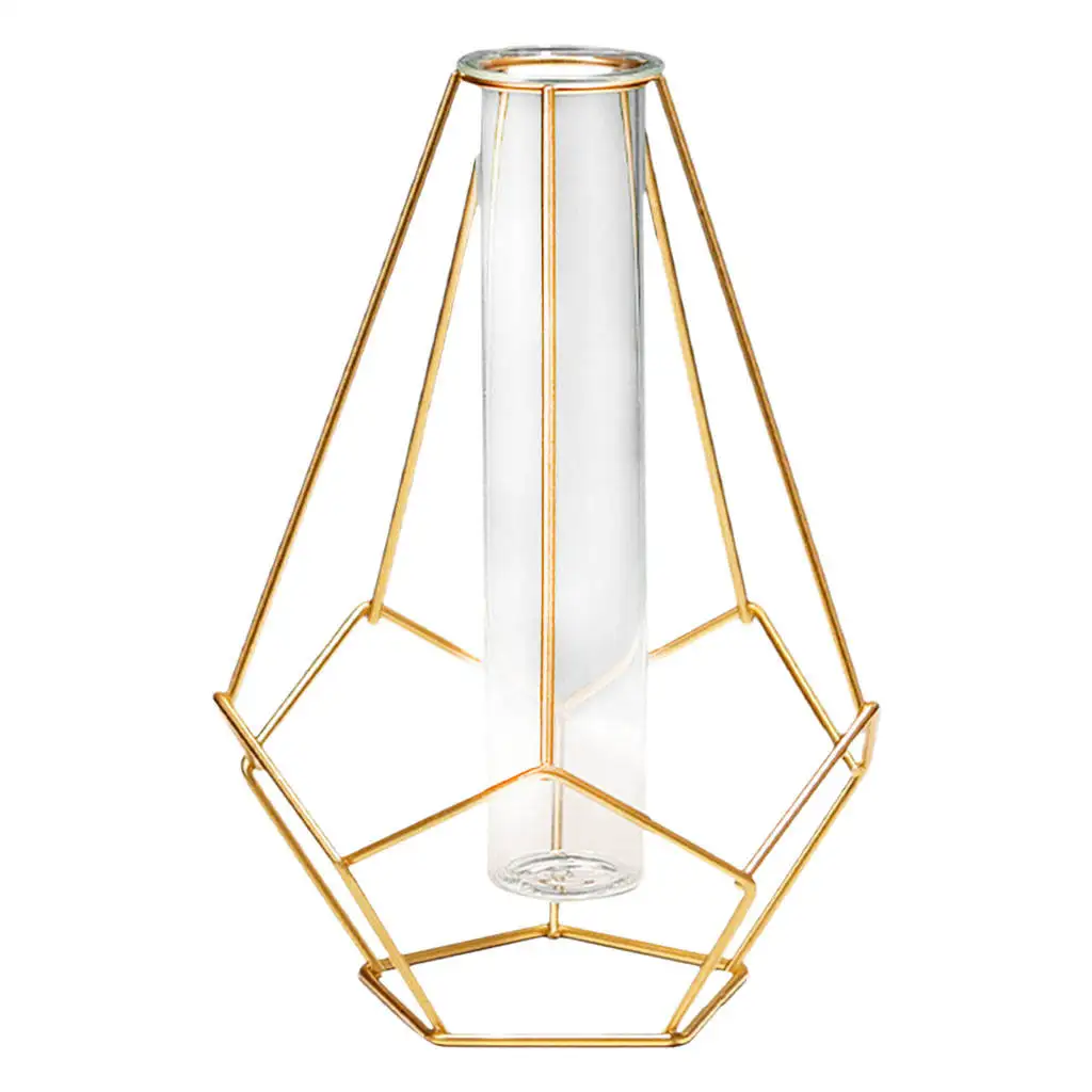 2pcs Metal Frame Vase Tube Glass Planter Terrarium Geometric Metal Stand, Table Top Flower Vase