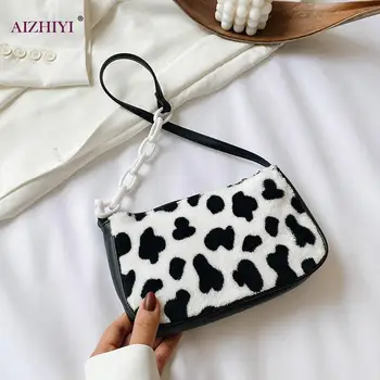 

Female Animal Cow Zebra Pattern Chain Plush Handbag Fashion Shoulder Bag Purse Popular Simple Female Daily Bag
