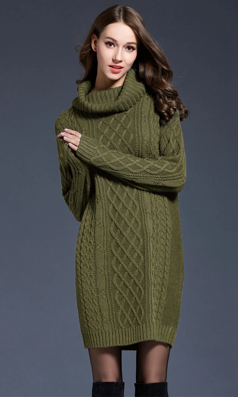 Осень зима элегантный вязаный хлопковый свитер платья женские модные Свободные Водолазка Толстый Пуловер женское вязаное платье, платье