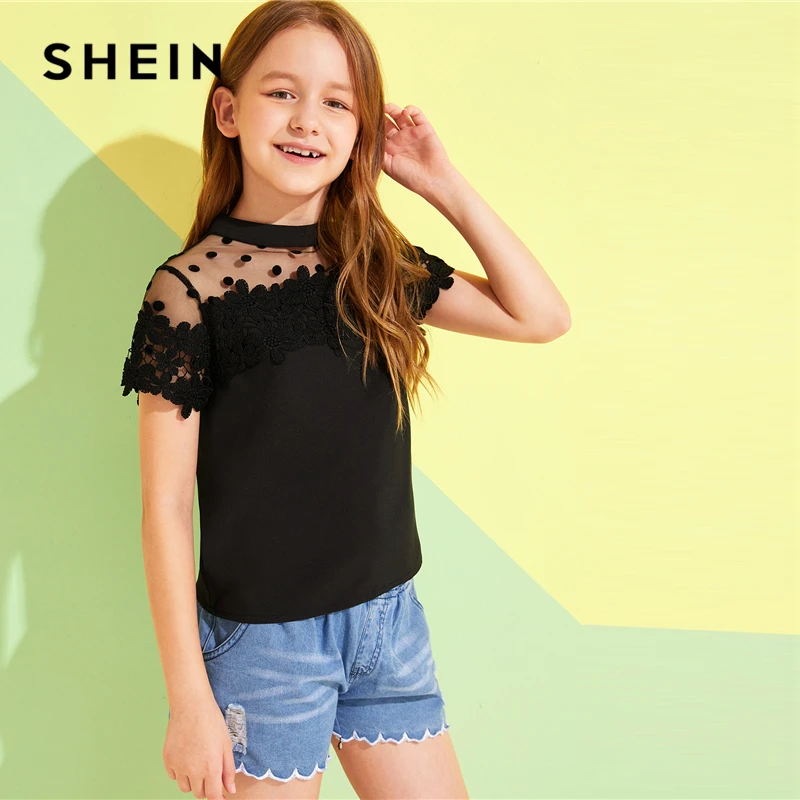 SHEIN Kiddie/Милая однотонная блузка с воротником-стойкой и оборкой для девочек детская одежда г., летний рукав-волан, топы с оборками на пуговицах сзади