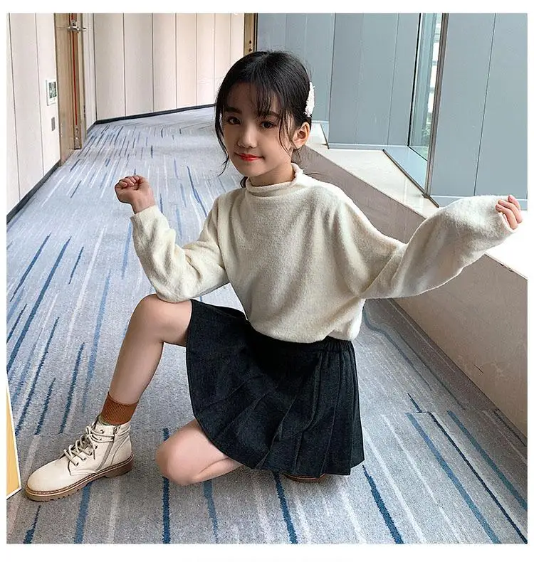 New 2020 Spring Autumn Winter Pullover Big Girls Sweater High Collar Baby Girl Sweater Fashion Kids Sweater Green White Tops (14)