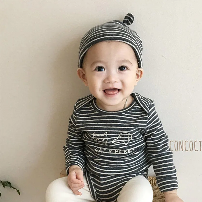 EnkeliBB/ г.; Bebe; весенние комплекты боди с длинными рукавами в Корейском стиле для мальчиков; модные детские комбинезоны в черно-белую полоску; хлопковый качественный комбинезон