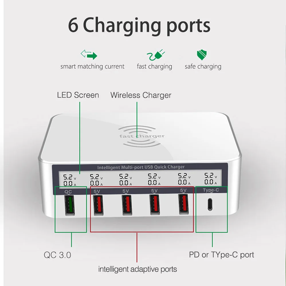 5 USB порт быстрое зарядное устройство 3,0 PD USB C Быстрая зарядка для iPhone 8X8 plus samsung S10 xiaomi huawei Беспроводное зарядное устройство светодиодный дисплей