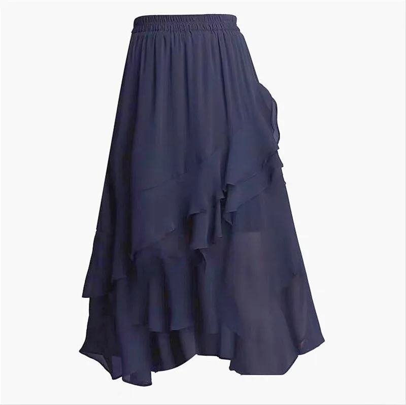 navy blue Большие размеры 5XL 6XL 7XL женские летние длинные юбки элегантные оборки офисные женские шифоновые юбки праздничные пляжные юбки черный фиолетовый - Цвет: navy blue