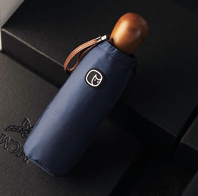 Navy blue Деловой мини-зонт, складной, с твердой деревянной ручкой, высококачественный зонт, ветрозащитный, двойной, с обратной стороны, зонтик для улицы, зонт от солнца - Цвет: Navy blue