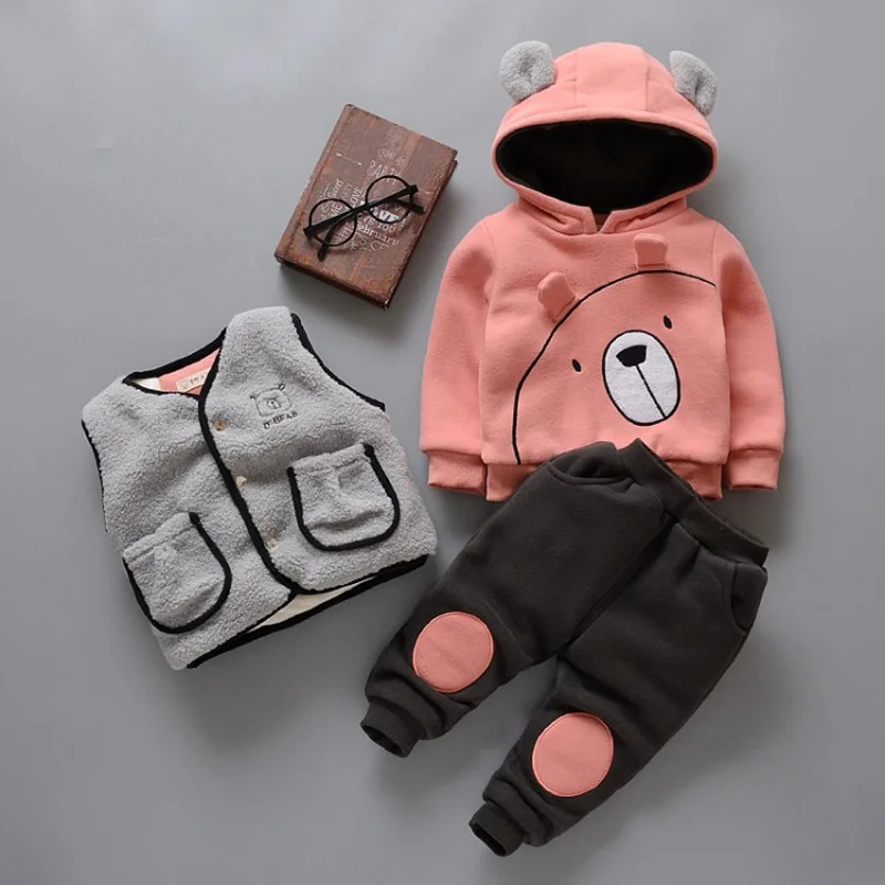 COOTELILI 3pcs Velvet Fleece Toddler Girls Winter Clothes Sets Thicken Fur Boys Clothes Winter Warm Vest + Sweatshirt + Pants (2)