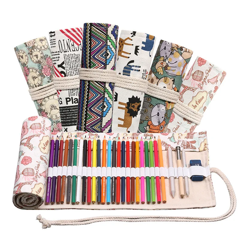 Colorful Cloth Pencil Case Antique Aesthetics Stationery Cosmetic Pencil Storage Bag Stationery Box 12/24/36/48/72 Hole 050045