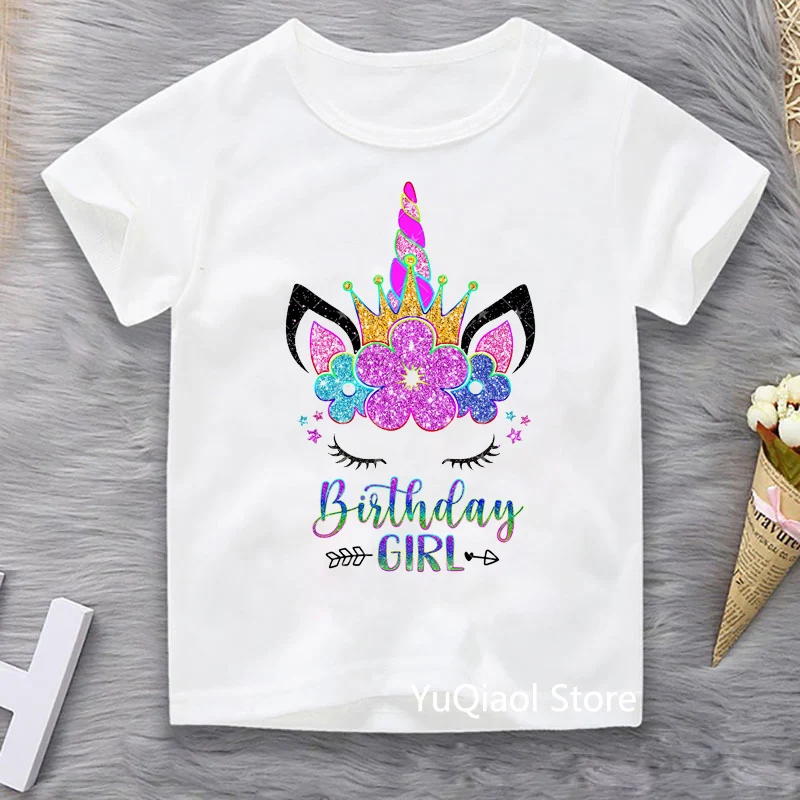 

Cartoon Unicorn Birhtday Girl T Shirt Kids Summer White Short Sleeve Top T-Shirt 3 To 13 Year Gift Children's Clothes Unisex Tee