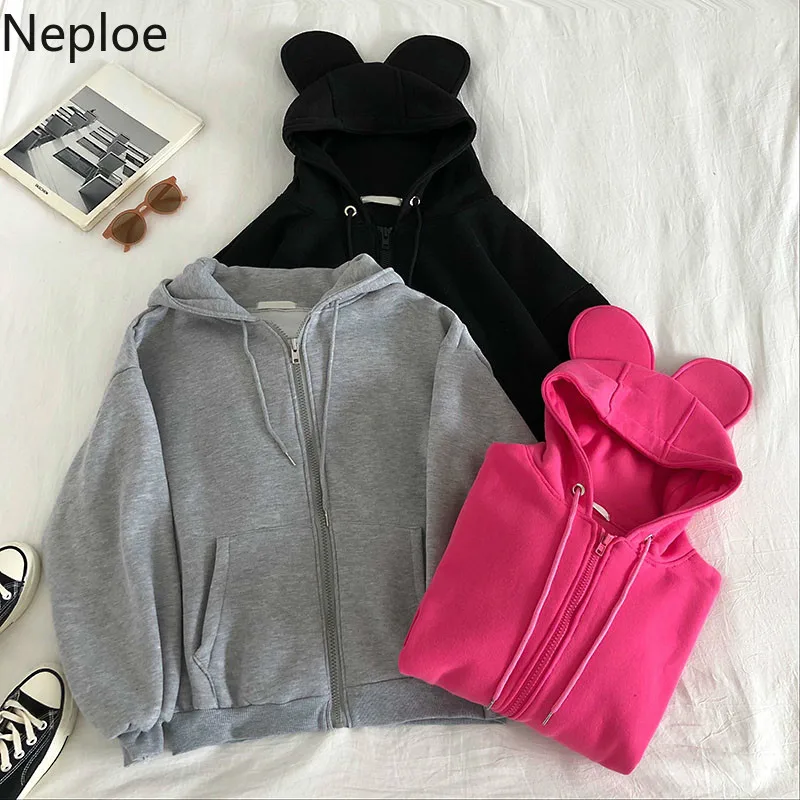 Neploe, Женская бархатная толстовка, новинка, свободная, длинный рукав, с капюшоном, с заячьими ушками, на молнии, с карманами, милая толстовка, пальто 56583
