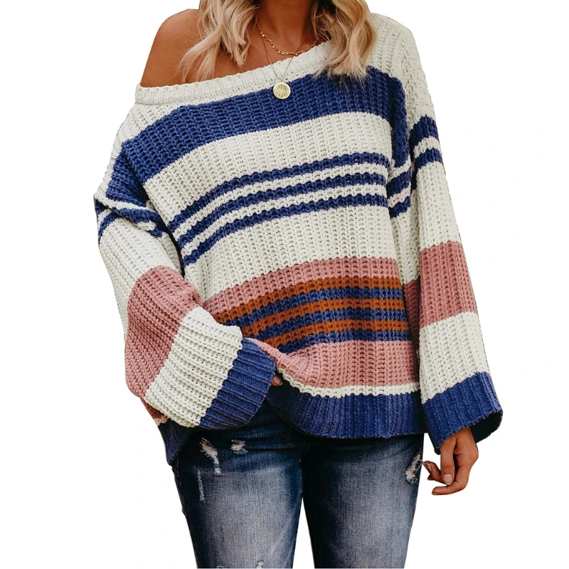 

Women Long Sleeve Crew Neck Sweater Chunky Knit Color Block Striped Jumper Tops