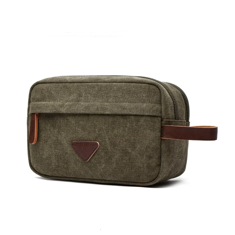 Portable Washed Canvas Double Zipper Cosmetic Bag Makeup Case Travel Organizer - Цвет: Армейский зеленый