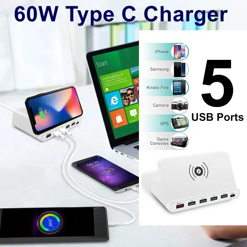 Bakeey 5 USB порт type-C 60 Вт беспроводное настольное зарядное устройство адаптер EU/US/UK вилка QC-3.0 Быстрая зарядка для iPhone 11 Pro Xiaomi huawei