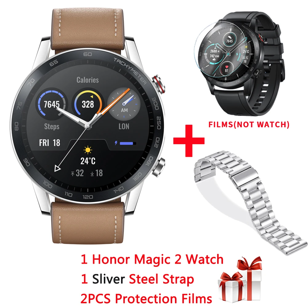 Глобальная версия huawei Honor Magic 2 умные часы gps+ ГЛОНАСС 5 АТМ часы с кислородом крови, NFC, Bluetooth Музыка для Android IOS - Цвет: brown a silver steel